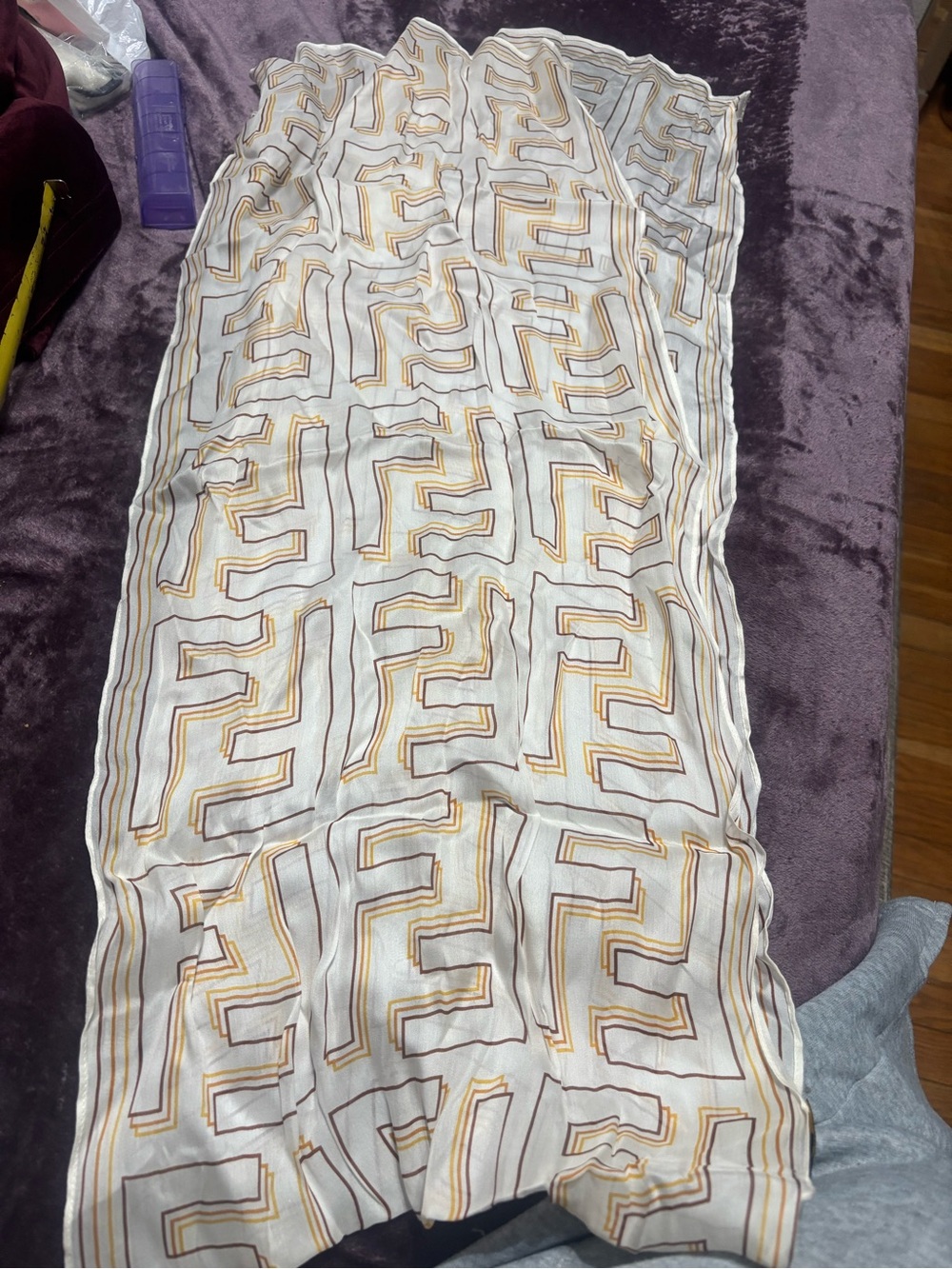 Fendi White Scarf with Yellow and Brown Geometric Motif